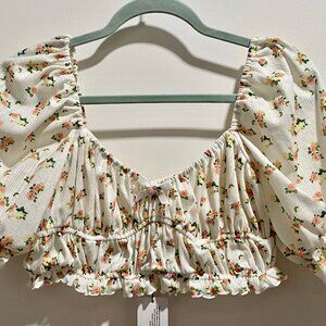 For Love & Lemons Fairy Boho Coquette Ditsy Cottage Rococo Crop Smocked Top S